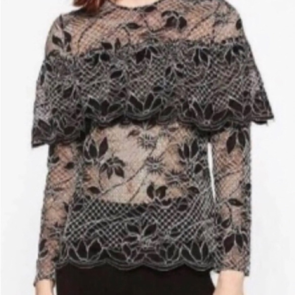 Zara black lace long sleeve‎ top with embroidery detail small